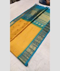 Yellow and Blue Turquoise color gadwal pattu handloom saree with all over small checks with temple kuttu borders design -GDWP0001472