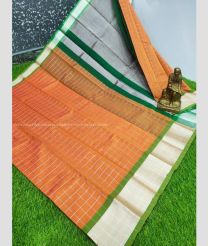 Carrot Orange and Pine Green color Chenderi silk handloom saree with all over silver checks design -CNDP0015211