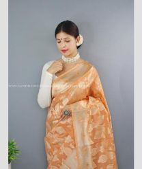 Peach color linen sarees with all over self design with gold wearing -LINS0002972
