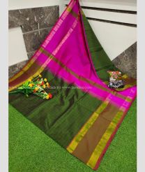 Olive and Neon Pink color Uppada Soft Silk handloom saree with all over mahanati checks design -UPSF0003870