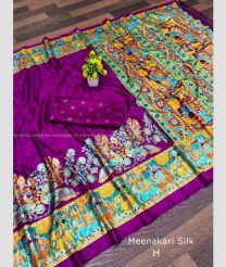 Purple and Yellow color silk sarees with all over kalamkari printed design -SILK0017428