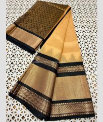 Cream and Black color kuppadam pattu handloom saree with plain with big temple and rudraksha kanchi border design -KUPP0096807