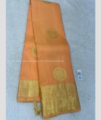 Peach and Golden color kanchi pattu handloom saree with all over buties with double warp koravai border design -KANP0013379