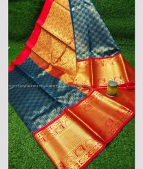 Windows Blue and Red color Chenderi silk handloom saree with all over buttas design -CNDP0016284