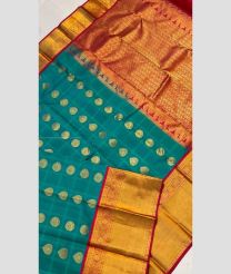 Medium Teal and Red color gadwal pattu handloom saree with temple and kuthu border design -GDWP0001760