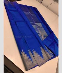 Blue and Silver color kanchi pattu handloom saree with plain with 1g pure jari traditional temple border design -KANP0013069