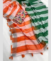 Orange and Green color linen sarees with all over digital printed with silver jari weaving border design -LINS0003298