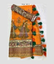 Orange and Cream color linen sarees with all over digital printed with jari border design -LINS0003320