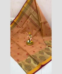 Lite Brown and Yellow color Kora handloom saree with all over printed design -KORS0000126