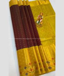 Maroon and Mango Yellow color kuppadam pattu handloom saree with kanchi border design -KUPP0097135