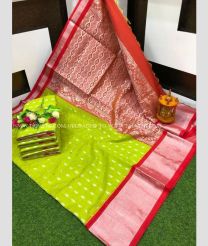 Emerald Green and Red color Chenderi silk handloom saree with all over buties with kaddi border design -CNDP0016260
