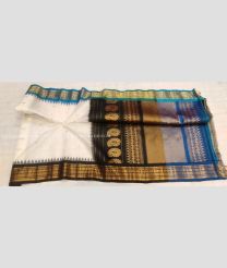Half White Black and Sky BLue color gadwal sico handloom saree with temple border saree design -GAWI0000387