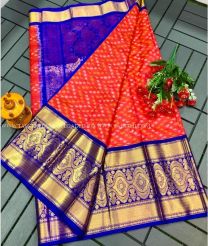 Royal Blue and Cherry Red color kuppadam pattu handloom saree with all over pochampally ikkat with kanchi pletu border design -KUPP0090010