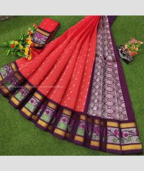 Tomato Red and Plum Purple color Chenderi silk handloom saree with all over buties with special pythony border design -CNDP0015953