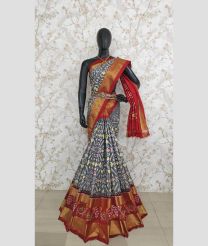 Grey and Orange color pochampally ikkat pure silk handloom saree with pochampally ikkat design -PIKP0036736