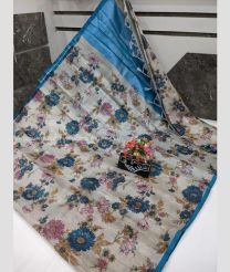 Half White and Blue color linen sarees with all over thread work buties design -LINS0002975