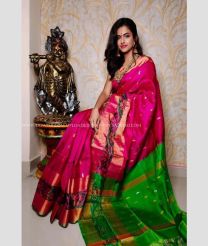 Pink and Parrot Green color uppada pattu handloom saree with all over nakshtra buties with pochampally border design -UPDP0020723