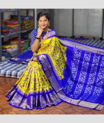 Yellow and Blue color pochampally ikkat pure silk handloom saree with pochampalli ikkat with kanchi border saree design -PIKP0016736