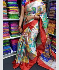 Grey and Red color Uppada Tissue handloom saree with all over printed design saree -UPPI0000096