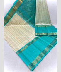 Half White and Blue Turquoise color kuppadam pattu handloom saree with all over jari checks and buties with kuppadam kanchi border design -KUPP0097093