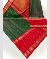 Pine Green and Red color kuppadam pattu handloom saree with all over jari checks and buties with kuppadam kanchi border design -KUPP0097096
