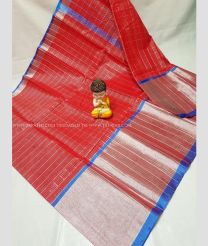 Tomato Red and Blue color Uppada Cotton handloom saree with plain design -UPAT0004343