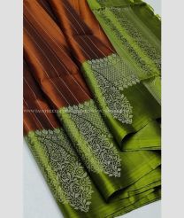 Chestnut and Green color soft silk kanchipuram sarees with all over buties with double warp border design -KASS0000940
