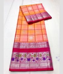 Lite Peach and Red color venkatagiri pattu handloom saree with anchulatha border design -VAGP0000930