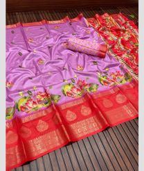 Lavender and Burgundy color Lichi sarees with all over 3d high quality pichvai printed with dayebal jari woven jacquard penal border design -LICH0000412