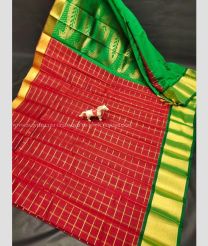 Red and Green color Chenderi silk handloom saree with all over mothi checks design -CNDP0016226