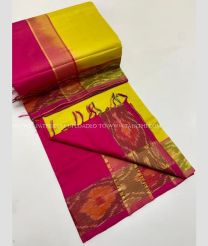 Yellow and Pink color Tripura Silk handloom saree with plain and thread woven lines with pochampally border design -TRPP0008029