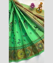 Lite Green and Bisque color Uppada Cotton handloom saree with all over printed with double side pochampally border design -UPAT0004359