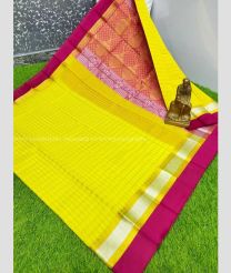 Yellow and Deep Pink color Chenderi silk handloom saree with all over checks design -CNDP0016154