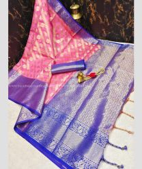 Peach and Royal BLue color Kora handloom saree with printed design saree -KORS0000027