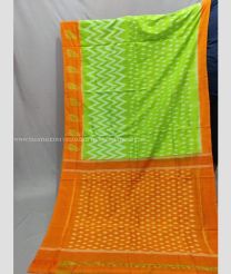 Parrot Green and Orange color pochampally Ikkat cotton handloom saree with pochampalli ikkat design -PIKT0000795