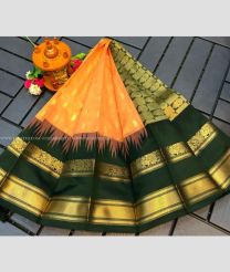 Lite Orange and Forest Fall Green color Chenderi silk handloom saree with all over buties with temple kuppadam border design -CNDP0016112