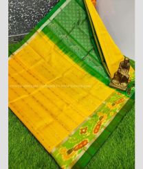 Yellow and Green color Kollam Pattu handloom saree with all over buties and pochampally border design -KOLP0000955