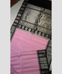 Baby Pink and Black color gadwal pattu handloom saree with all over buties with temple kothakomma kuthu interlock border design -GDWP0001718