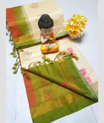 Cream and Leafy Green color Tripura Silk handloom saree with all over big buties design -TRPP0007699