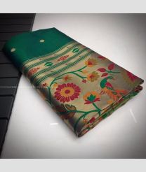 Pine Green and Orange color paithani sarees with all over buties with ganga jamuna border design -PTNS0005083