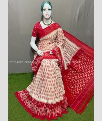 Cream and Red color pochampally Ikkat cotton handloom saree with special marthas patterns design -PIKT0000595