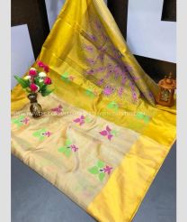 Cream and Lemon Yellow color Uppada Tissue handloom saree with all over printed buties design -UPPI0001444