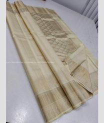 Cream color kanchi pattu handloom saree with plain with hand woven 1g pure jari traditional pattern design -KANP0012383