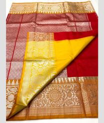 Red and Yellow color venkatagiri pattu handloom saree with all over peacock buties design -VAGP0000383