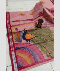 Baby Pink and Red color Uppada Cotton handloom saree with all over brush printed design -UPAT0004513
