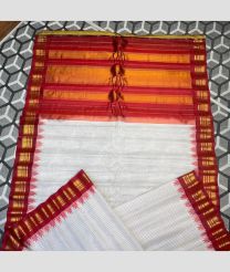 White and Red color gadwal pattu handloom saree with all over small checks with kuthu interlock weaving system temple kothakoma design -GDWP0001008