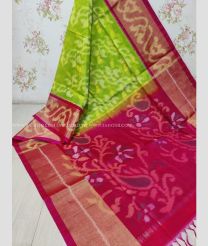 Parrot Green and Magenta color Ikkat sico handloom saree with pochampalli ikkat design -IKSS0000306