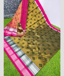 Oak Brown and  Pink color Chenderi silk handloom saree with all over flower buties design -CNDP0015931