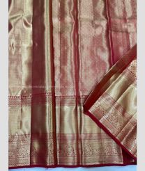 Golden and Red color kanchi pattu handloom saree with jari border design -KANP0013746