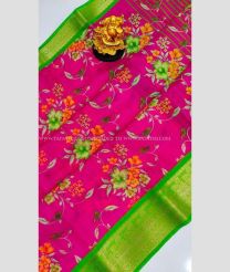Pink and Parrot Green color Chenderi silk handloom saree with all over pochampally design with kanchi border -CNDP0015816
